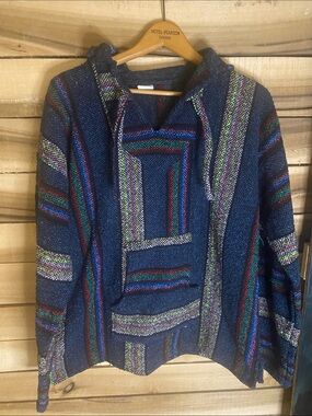 Artesanias Handwoven Blue Striped Baja Hoodie Sweatshirt size XL